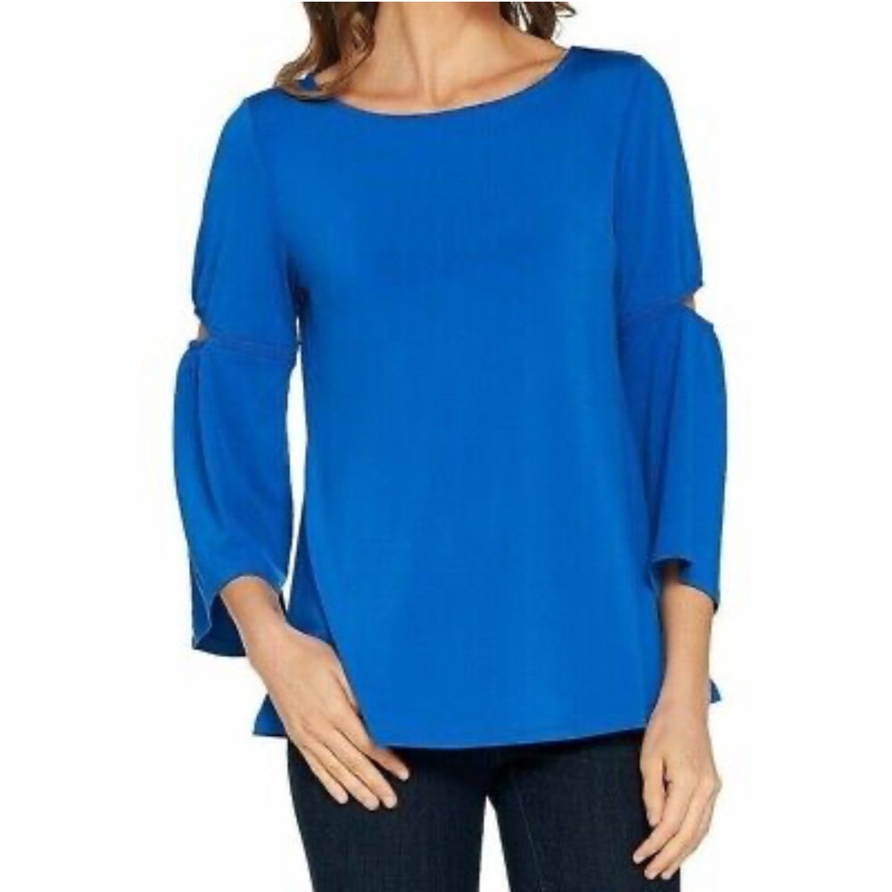 H by Halston Jet Set Jersey Top Cut-Out Detail 3/4 Sleeve Blouse Blueberry   J